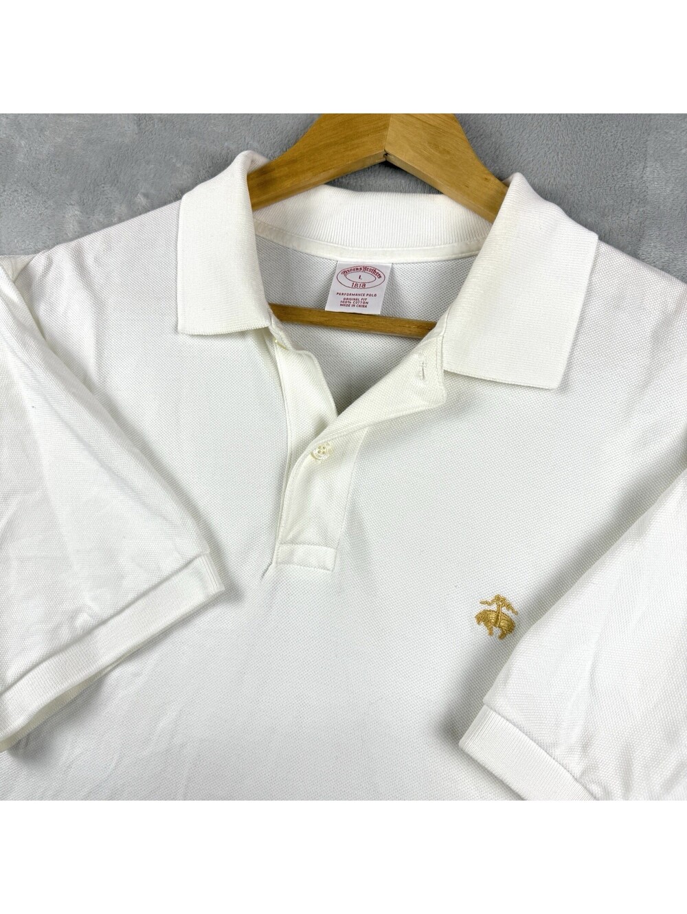 Brooks Brothers 1818 Men White Performance Polo Shirt Large 100%Cotton Gold Logo